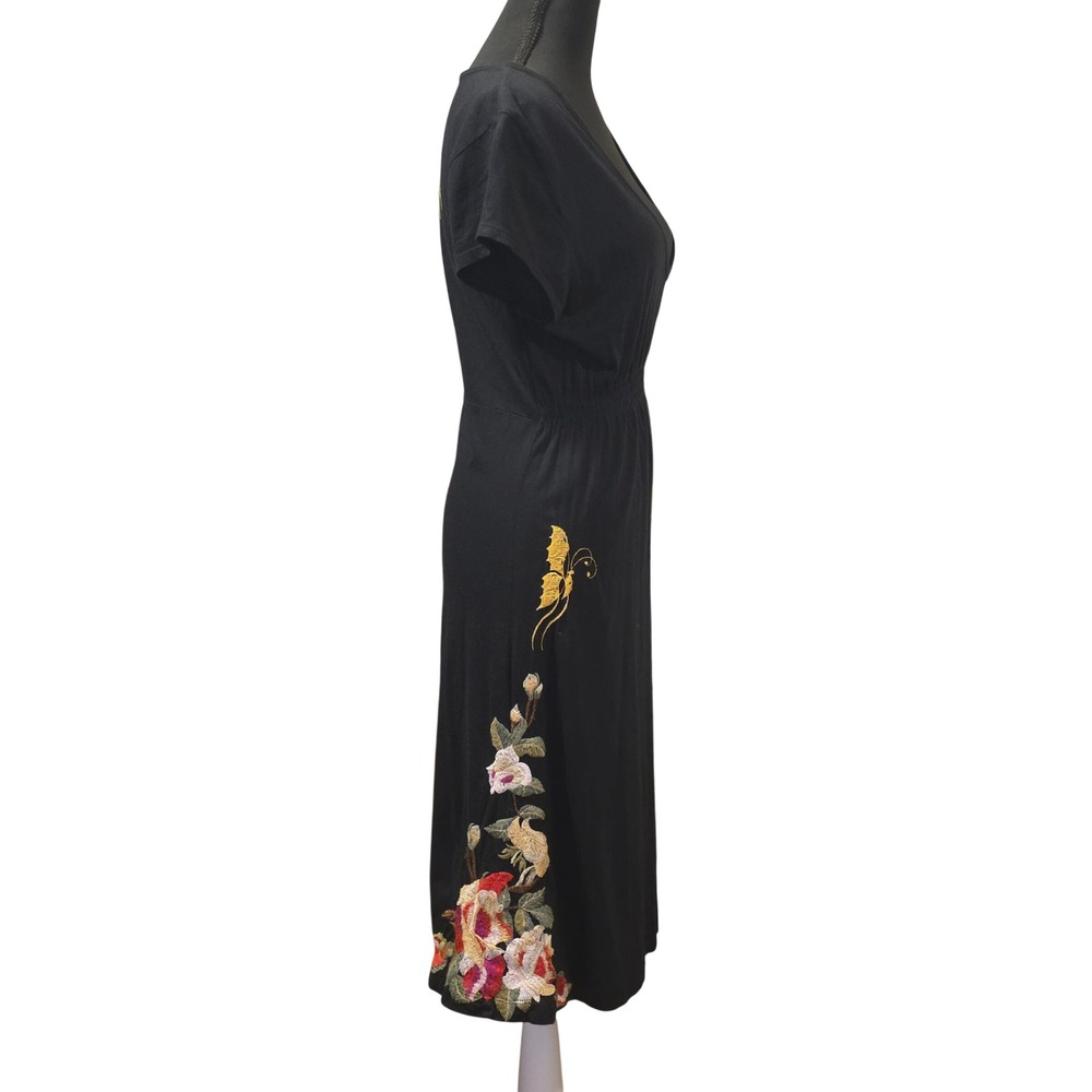 JWLA Johnny Was Black Embroidered Floral Butterfly V-Neck Midi Dress Large - Picture 3 of 10